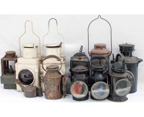 Lamps x 11 to include: S&DJR 3 aspect in need of restoration, GWR 3 aspect brass collar, SR SER 3 aspect, BR 3 aspect, BR lam