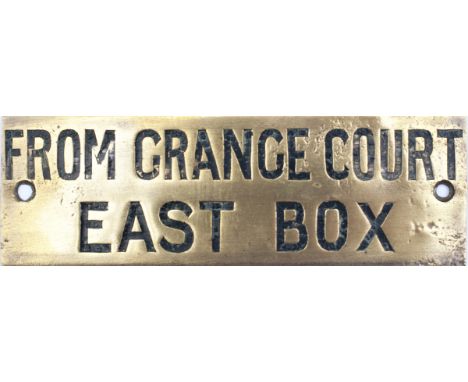 GWR brass Signal Box shelf plate from GRANGE COURT EAST BOX. Hand engraved with original wax infill, measures 4.75in x 1.5in.