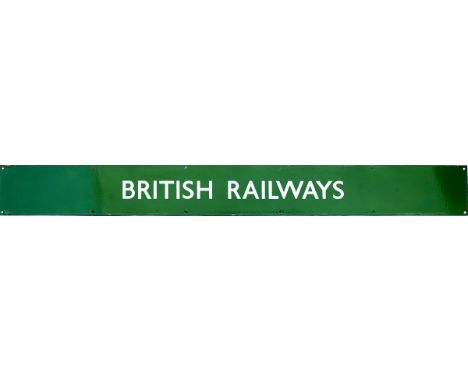 BR(S) Quad royal enamel poster board heading, dark green with BRITISH RAILWAYS in full. Measures 53in x 6in and is in excelle