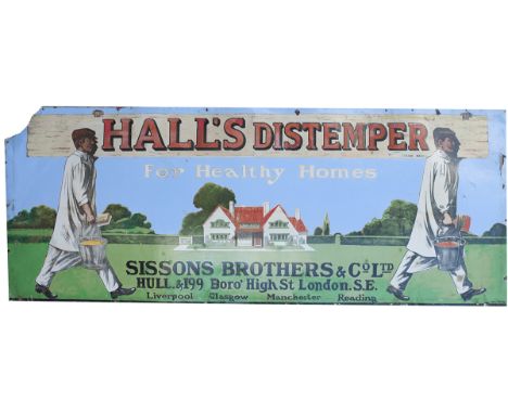 Advertising enamel HALLS DISTEMPER FOR HEALTHY HOMES. SISSONS BROTHERS & CO LTD HULL & 199 BORO' HIGH ST LONDON. Pictorial of