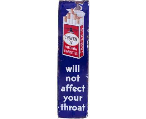 Enamel fingerplate sign CRAVEN A WILL NOT AFFECT YOUR THROAT. Semi pictorial measuring 13in x 3.25in. In good original condit