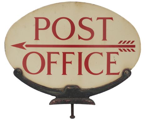 POST OFFICE enamel sign, double sided complete with mounting bracket, as fitted on top of pillar box post boxes. In excellent