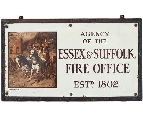 Enamel sign AGENCY OF THE ESSEX & SUFFOLK FIRE OFFICE ESTD 1802. Semi pictorial, measuring 16in x 9in. In very good condition