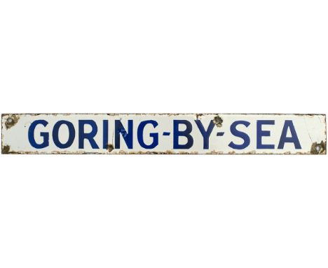 Destination enamel sign GORING-BY-SEA from the Brighton Station train departure Indicator. Blue on white enamel, 12in x 1.5in