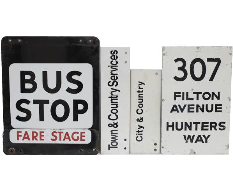 A selection of bus signs from the Bristol area: Enamel double sided BUS STOP with separate fare stage plate, traffolite TOWN 