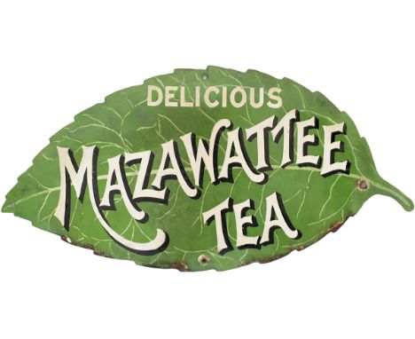 Advertising enamel in the shape of a Tea Leaf DELICIOUS MAZAWATTEE TEA. A rare enamel with a small amount of expert restorati