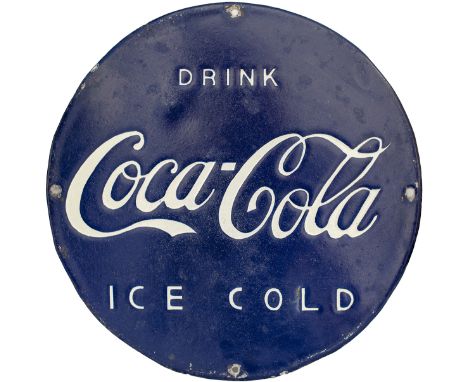 Advertising enamel sign DRINK COCA-COLA ICE COLD, blue on white enamel measuring 14in diameter. In very good condition, this 