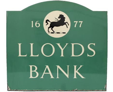 Enamel advertising sign LLOYDS BANK 1677 in excellent condition measuring 26in x 24in.