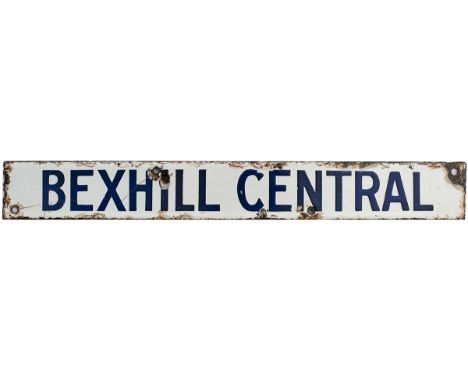 Destination enamel sign BEXHILL CENTRAL from the Brighton Station train departure Indicator. Blue on white enamel, 12in x 1.5