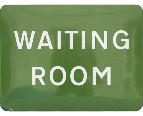 BR(S) FF enamel station sign WAITING ROOM in light green with the later style font, measures 24in x 18in. In excellent condit