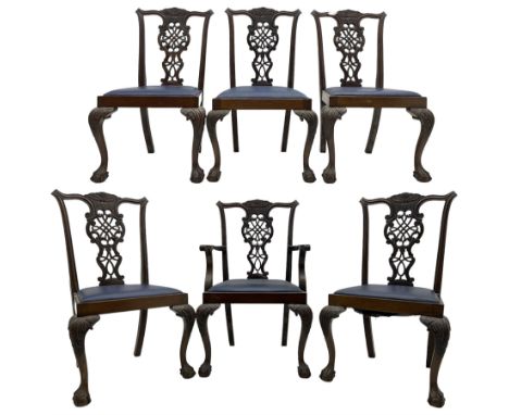 Set of six (5+1) Chippendale design mahogany dining chairs, shaped cresting rail over pierced splat with elaborately carved f