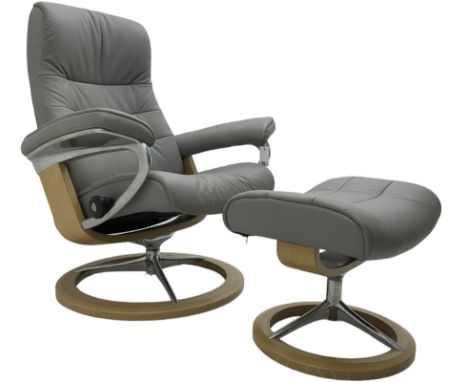 Stressless by Ekornes - 'Large Opal Siganture' reclining armchair with matching footstool, upholstered in stitched grey leath