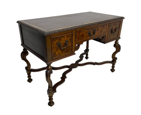 20th century figured walnut writing table, rectangular top with inset leather writing surface and foliate carved edge, fitted