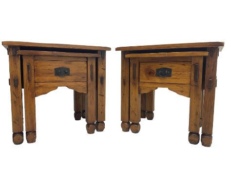 Pair of hardwood nesting lamp tables, rectangular top on square supports, the smaller table fitted with drawerDimensions: Hei