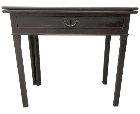 Mid-to-late 18th century mahogany card table, moulded rectangular fold-over top, fitted with single cock-beaded drawer, on sq