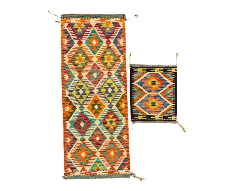 Chobi Kilim multi-coloured geometric design runner (154cm x 61cm); and a similar small mat (45cm x 51cm)