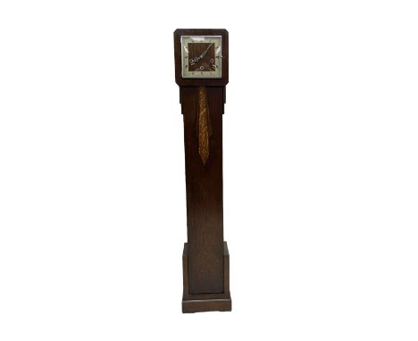 English - Early 20th century 8-day oak cased Art Deco grandmother clock, with a square chrome dial bezel, wooden dial centre 