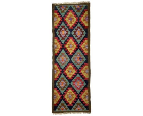 Maimana kilim multi-coloured ground geometric design runner Dimensions: Length/Width:&nbsp;187cm&nbsp; Depth/Diameter:&nbsp;7
