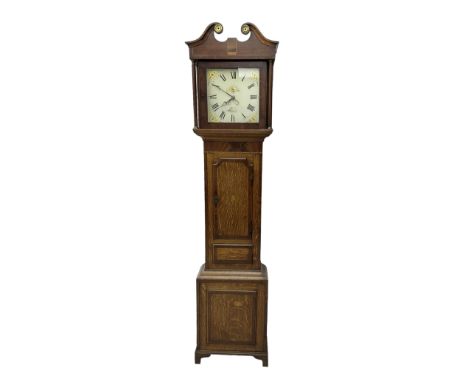 John Beal of Oundle (Northants) - 30hour oak and mahogany longcase clock c1840,  with a swans necked pediment and brass pater