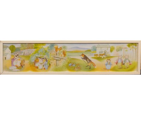 Frederick Warne1952 Beatrix Potter nursery frieze wallpaper border print coloured print framed 21.5 x 98cm 