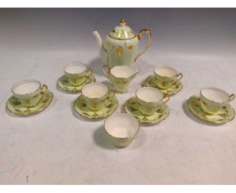 A Royal Crown pottery Trentham coffee service, light green, to include a coffee pot, a milk jug, a sugar bowl, six cups with 