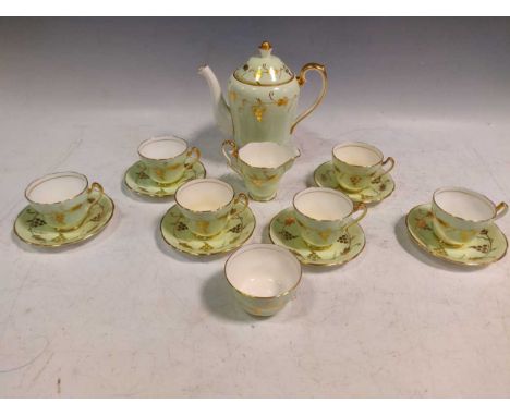 A Royal Crown pottery Trentham coffee service, light green, to include a coffee pot, a milk jug, a sugar bowl, six cups with 