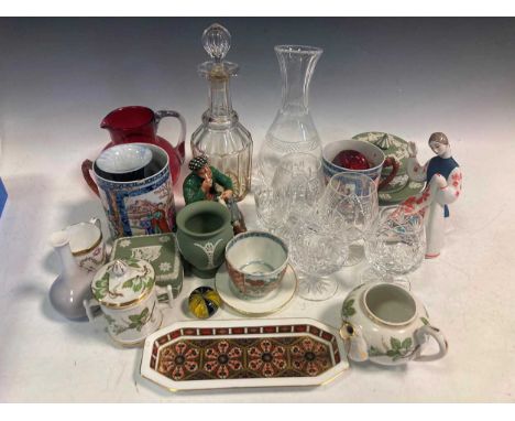 Assorted china and glass including Wedgwood, two Chinese mugs (damaged), a decanter, a Russian figurine, Thomas Webb cut glas