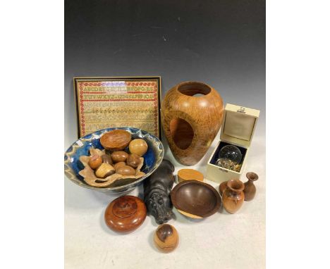 Various modern turned wood objects; a model hippo by Rosalie Johnson, No. 147/150; a modern studio ceramic bowl and a sampler