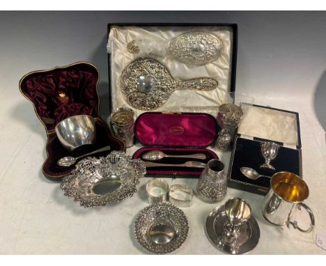 A collection of silverware including flatware, egg cups, napkin rings, cased bowl and spoon, pin trays etc 21ozt gross, toget