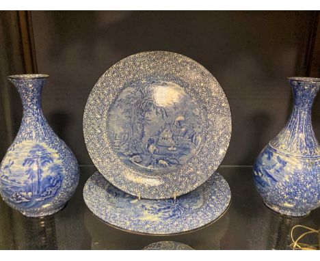 Various blue and white transfer printed wares to include Midwinter landscape pattern plates, side plates and a tureen, togeth