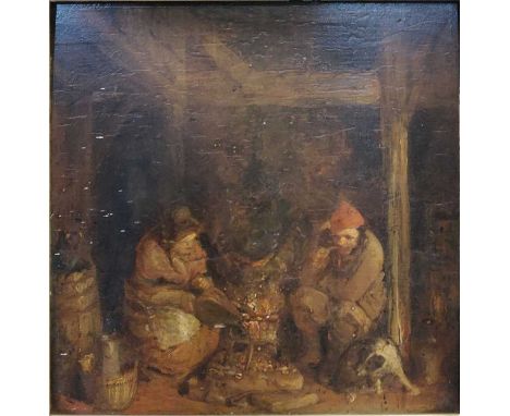 Dutch SchoolLady stoking a fire and man smoking with a dog beside himoil on panel31 x 33.5cmProvenance:Property of a collecto