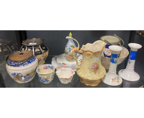 Two Gaudy Welsh biscuit barrels together with another by Crescent, a pair of ceramic candlesticks, a Masons porcelain jug wit