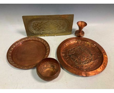 A Newlyn style copper dish and items of brass and copper