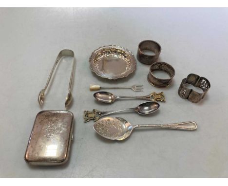 A collection of silverware including cigarette case, pin tray, napkin rings, flatware etc 12ozt gross