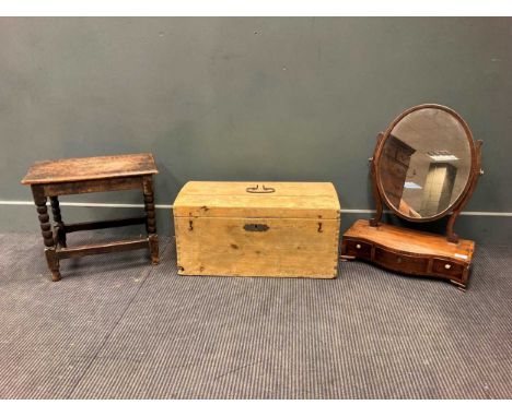 A 19th century pine trunk 30 x 60 x 30cm; together with a bobbin turned stool and a Georgian dressing table mirror of serpent