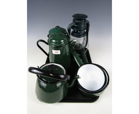 An enamelled lamp together with a kettle etc.