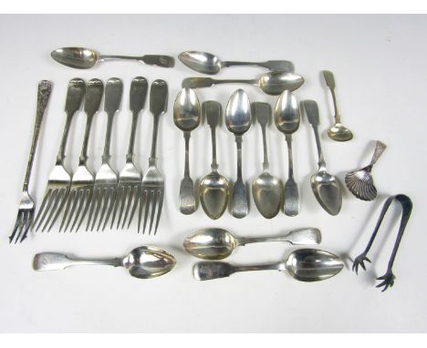A Georgian silver caddy spoon together with a pickle fork etc.
