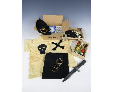 Vintage playing cards, dominoes, wooden cat figurines and a rubber knife etc.