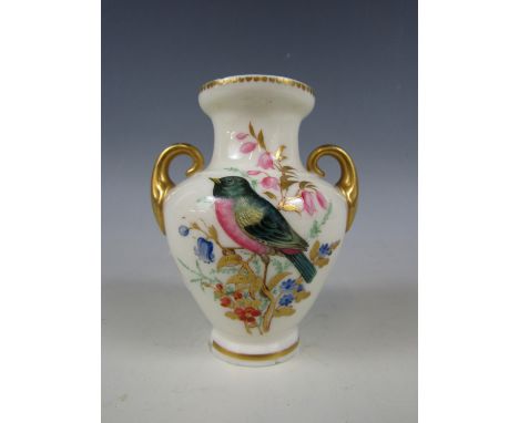 A small Victorian Royal Worcester urn enamelled in depiction of tropical birds (a/f)