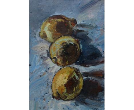 Susan Isaac, "Composition with Lemons I", unframed oil on canvas, 30 x 21cm on 40 x 30 panel, 2018. A compositional arrangeme