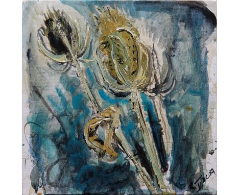 Susan Isaac, "Teasel Study", unframed oil on canvas, 20 x 20cm, 2018. A study of 3 dried stems of teazels, upstanding against