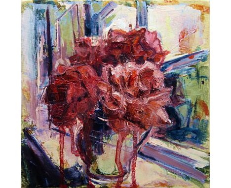 Susan Isaac, "Roses on window Sill", unframed oil on canvas, 30 x 30cm, 2021. An arrangement of salmon pink roses, in a jug -