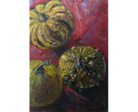 Susan Isaac, "Autum Squashes", unframed oil on canvas, 33 x 23cm on 40 x 30 panel, 2018. A portrait of richly textured autumn