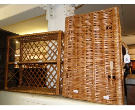 A wicker shelf and 3 wicker hampers.