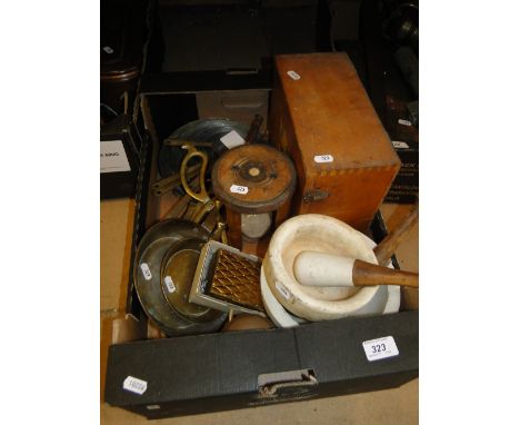Pestles & mortars, brass pans, boxes, egg timer, etc.