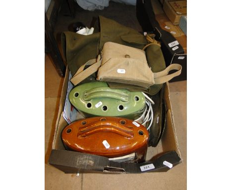 2 Glazed Stoneware electric fires for ornamental use, a Pierrot lamp, army items, etc.