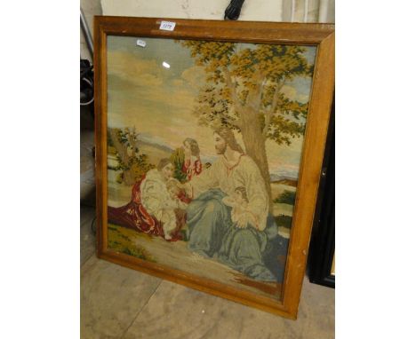 An oak framed tapestry, figures under a tree.