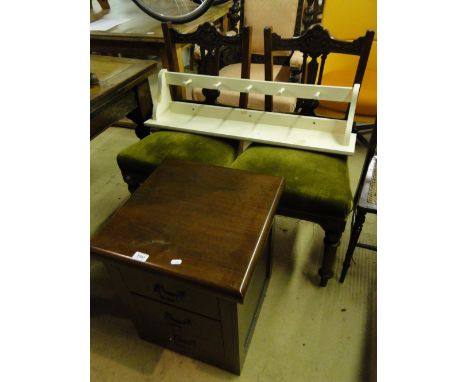 Pair of Edwardian chairs, 3-drawer chest and a white painted hanging shelf.