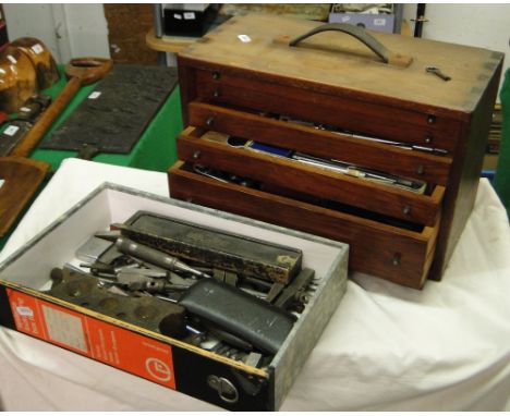 Pine engineer's tool cabinet with drawer fitted interior and contents and a box of loose engineering tools.