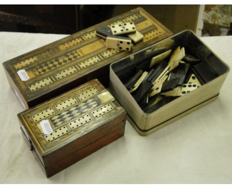 2 Inlaid cribbage boxes and a tin of dominoes.